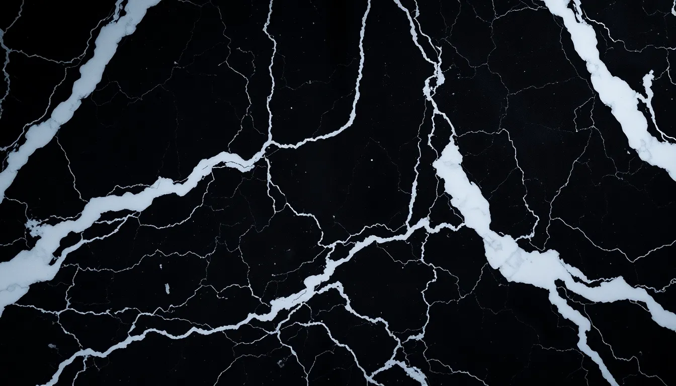 This close-up image displays a striking black marble slab, characterized by bold white veins and a polished finish. The dramatic lighting creates deep contrasts, accentuating the marble's unique texture and pattern. The rich dark tones offer a sense of luxury and sophistication, perfect for high-end interior or architectural applications. The focused composition ensures that the viewer's attention is instantly drawn to the exquisite details of the marble surface.