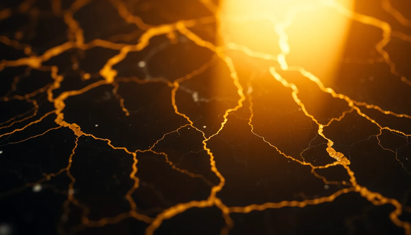 An intimate close-up of a black marble slab revealing its stunning golden veins and rich texture. The warm tungsten lighting enhances the luxurious appearance, creating a sophisticated mood. The shallow depth of field emphasizes the intricate details while softly blurring surrounding areas. This image perfectly conveys elegance, making it ideal for high-end design and luxury branding.