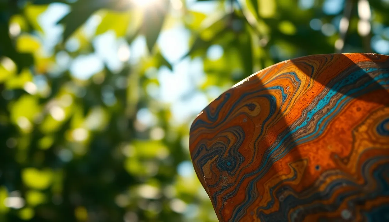 This macro image features an exquisite piece of marbled stone, showcasing a mesmerizing array of colors including vibrant orange, deep blue, and shimmering gold. Dappled sunlight filtering through leaves creates a delightful bokeh effect, adding depth and intrigue to the composition. The shallow depth of field emphasizes the intricate details of the stone's patterns against a soft, blurred background. Ideal for use in artistic or decorative contexts, this image captures the natural beauty and complexity of marbled textures.
