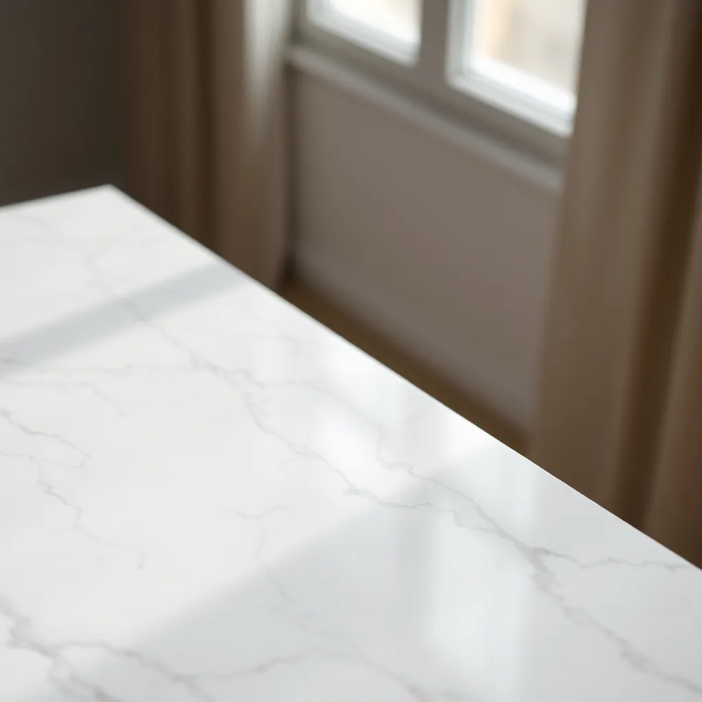 This image captures a beautifully polished white marble surface, revealing its intricate veining and smooth texture. The gentle natural lighting enhances the warm beige undertones and cool gray veining, creating a serene and luxurious aesthetic. Shot with a macro lens, the shallow depth of field adds a dreamy quality, drawing attention to the marble’s unique patterns and inviting touch. Perfect for design and architecture themes.