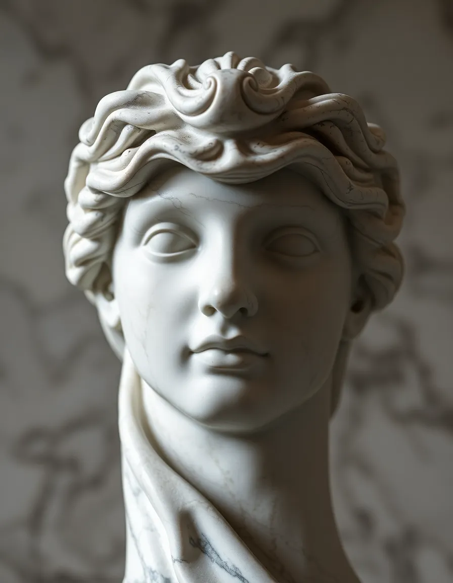 Intricate Marble Sculpture Close-Up This close-up photograph showcases a beautifully crafted marble sculpture, highlighted by meticulous lighting that reveals its intricate textures. The muted color palette of whites and greys enhances the sculpture's classic aesthetic. The image's sharp focus throughout invites the viewer to explore the fine details of the stone, making it ideal for art galleries or decorative showcases. The symmetrical composition draws attention to the elegance of the piece.