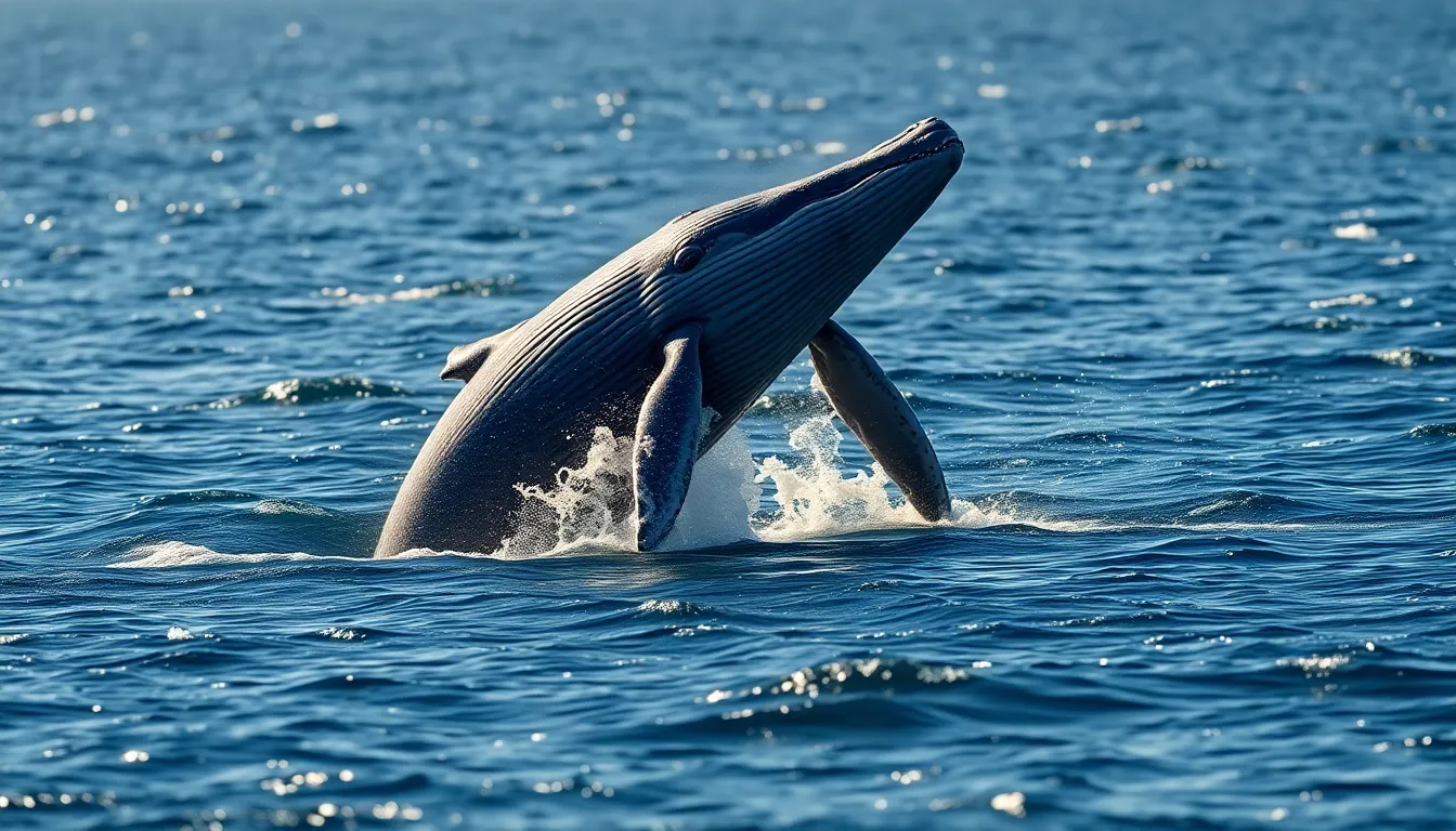 Humpback Whale Breaching in Sunlit Ocean A breathtaking moment captures a humpback whale breaching the surface of the ocean, surrounded by glittering water droplets under the soft morning light. The sharp focus on the whale highlights its intricate textures and robust form, while the deep blue sea contrasts beautifully against the whale’s skin. The image evokes a sense of wonder and majesty, showcasing the beauty of marine life in its natural habitat.