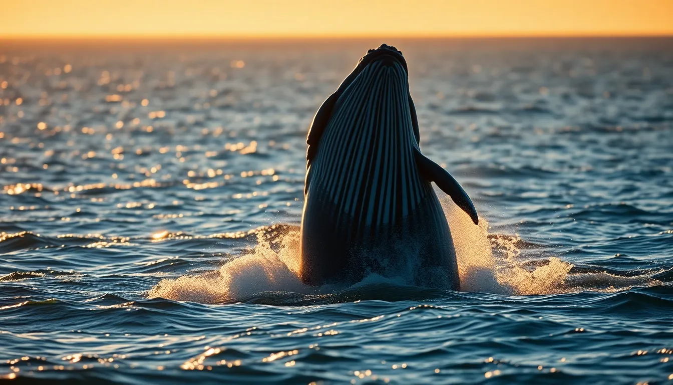 Humpback Whale Breaching at Sunset Experience the awe-inspiring moment of a humpback whale breaching the ocean's surface at sunset. The warm golden light creates a beautiful silhouette, highlighting the massive size of this marine giant. The ocean sparkles in shades of turquoise and gold, with waves crashing around the whale. The scene captures the energy and beauty of marine life, evoking a sense of adventure and appreciation for nature.