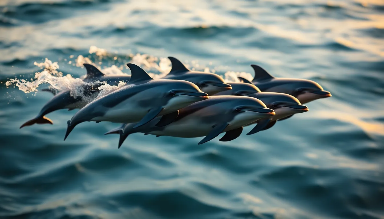 Playful Dolphins Swimming at Sunset Experience the joy and energy of a playful pod of dolphins swimming together in the golden hues of sunset. Their sleek bodies glisten in the warm light as they navigate through the deep blue water, creating a lively scene full of movement. This photograph captures the essence of marine life, showcasing the camaraderie and grace of these intelligent creatures in their natural environment.