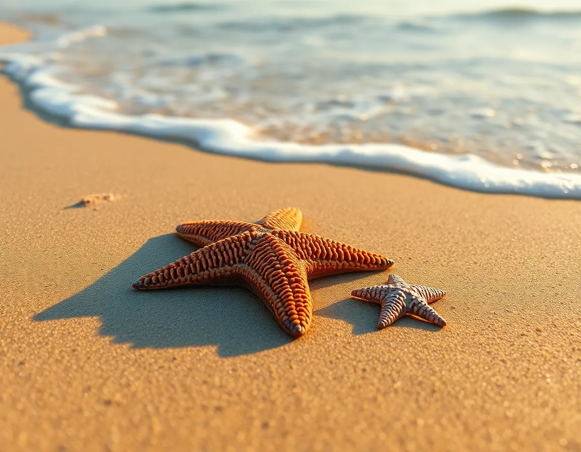 Starfish at Low Tide on Serene Beach This tranquil beach photograph captures a solitary starfish resting on the sands during low tide, beautifully illuminated by golden hour light. The warm tones of the sand contrast with the cool blues of the ocean in the background, creating a harmonious color palette. This serene image conveys a sense of calm and highlights the delicate beauty of marine life. Attention to detail in the textures brings the starfish and sand to life, inviting viewers to appreciate the simplicity of nature.