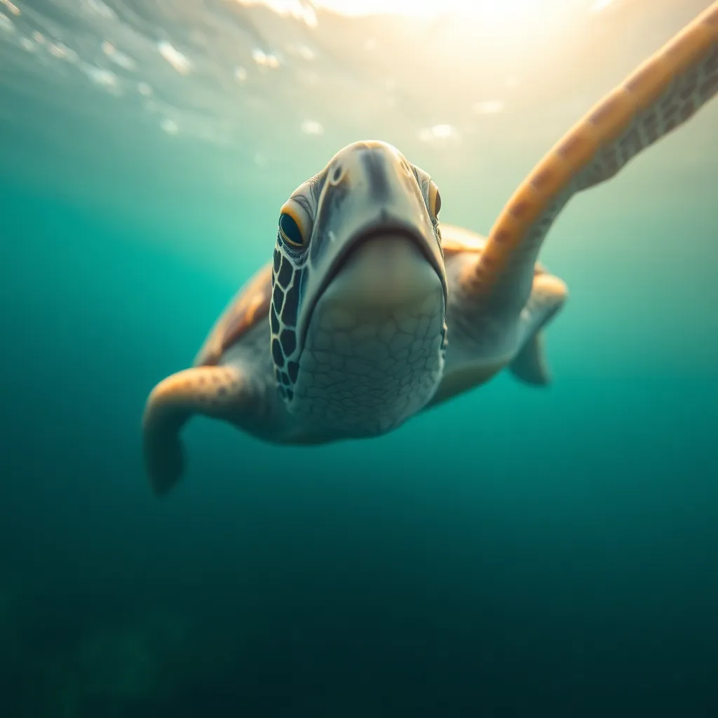 Close-Up of a Sea Turtle Underwater A stunning close-up captures the grace of a sea turtle as it glides effortlessly through the clear blue waters. The intricate patterns on its shell are beautifully accentuated by the warm, diffused sunlight filtering from above. This intimate portrait of marine life highlights the tranquility and beauty found beneath the ocean's surface, inviting viewers to appreciate this gentle creature's elegance.
