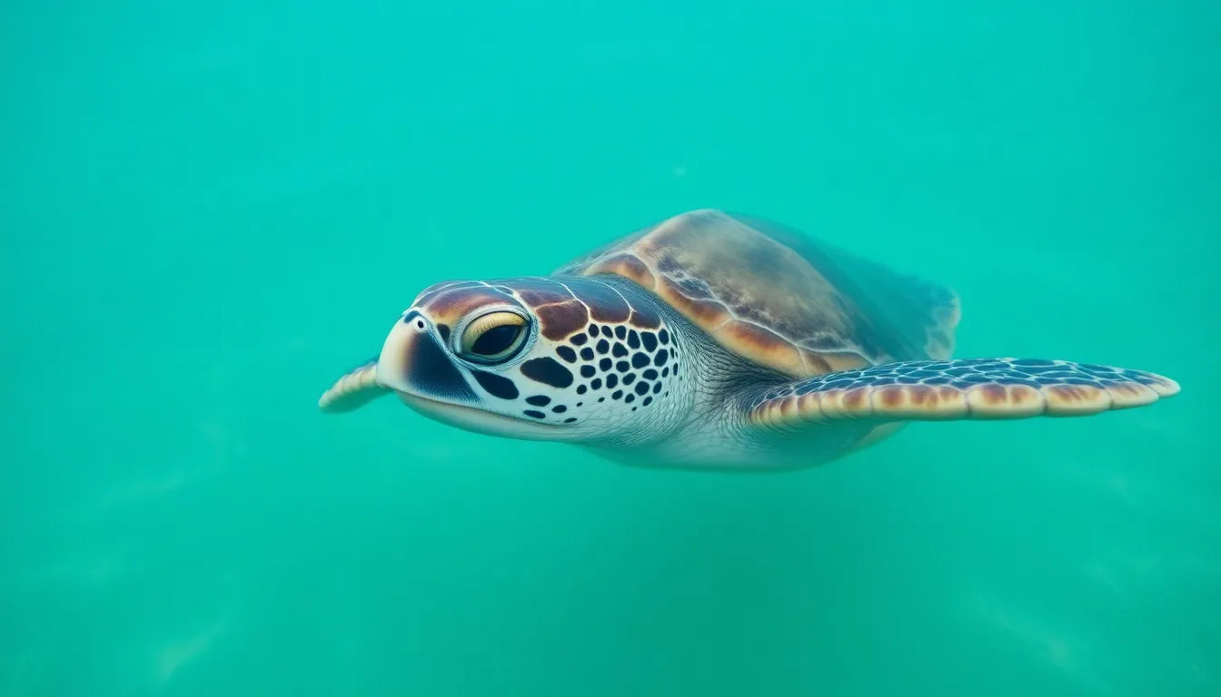 This calming image showcases a majestic sea turtle swimming gracefully through clear turquoise waters. The soothing colors and gentle lighting create a peaceful mood, inviting viewers to connect with this beautiful creature. With the turtle's intricate shell pattern on full display, the natural environment enhances its serene journey. The shallow depth of field softly blurs the background, ensuring the turtle remains the focal point in this tranquil underwater scene.