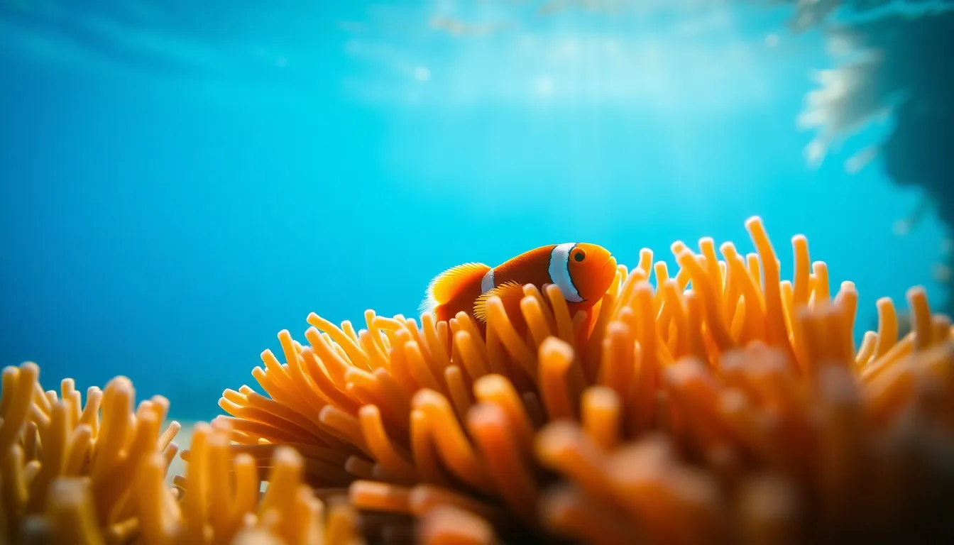 This vibrant image captures a clownfish nestled among colorful anemones in a coral reef. Soft, diffused sunlight filters through the water, creating a tranquil atmosphere. The vivid oranges of the clownfish contrast beautifully with the lush greens of the anemone, evoking a sense of underwater vibrancy. The composition draws the viewer's eye directly to the fish, surrounded by the delicate textures of marine life.
