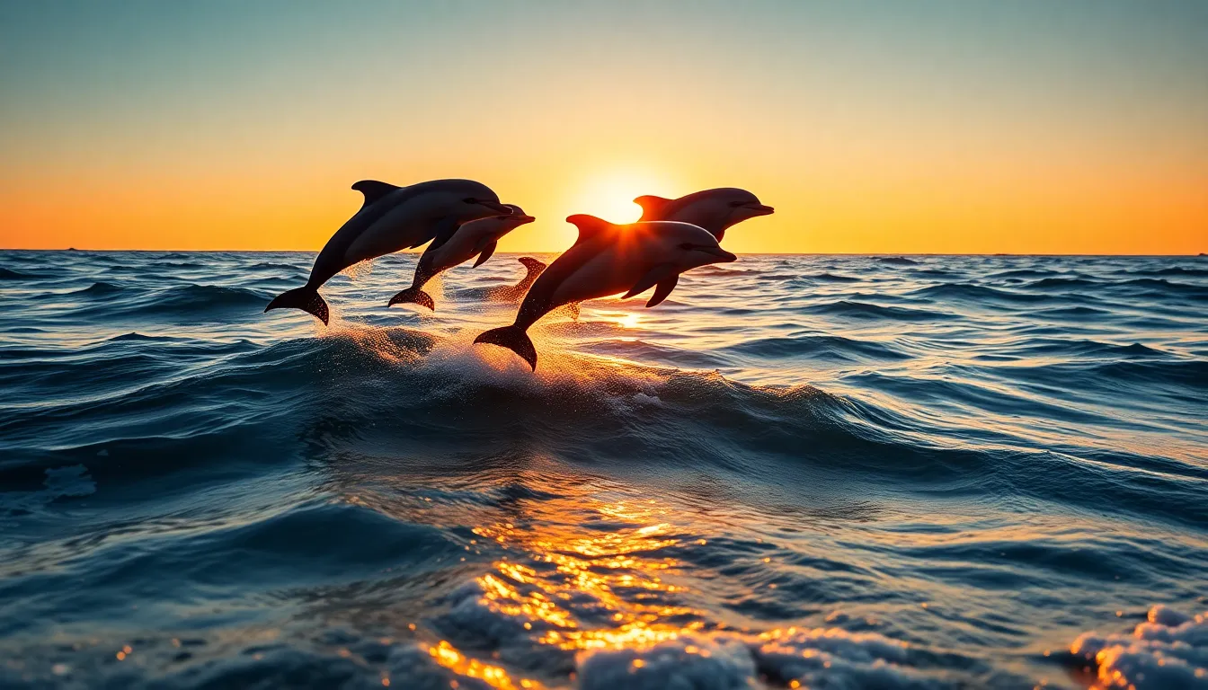 Experience the thrill of a pod of dolphins leaping through the ocean waves at sunset in this breathtaking image. The warm hues of the sunset create a magical backdrop that highlights the sleek bodies of the dolphins, which are illuminated by golden hour light. The scene captures the energy and grace of these marine creatures as they playfully interact with the water's surface. A perfect blend of movement and tranquility, this image powerfully represents the beauty of marine life.