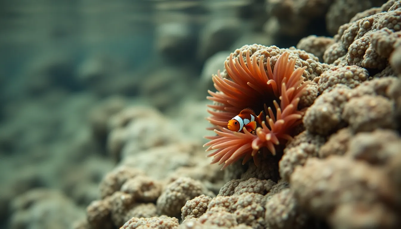 This stunning underwater scene showcases a vibrant clownfish nestled in a colorful anemone at a coral reef. Captured in soft natural light that filters through the water, the image reveals the intricate textures of the coral and tentacles, creating a calming blue-green atmosphere. The shallow depth of field enhances the focus on the clownfish, bringing its vivid colors to life against the soft, blurred background. This image is perfect for illustrating the beauty of marine life.