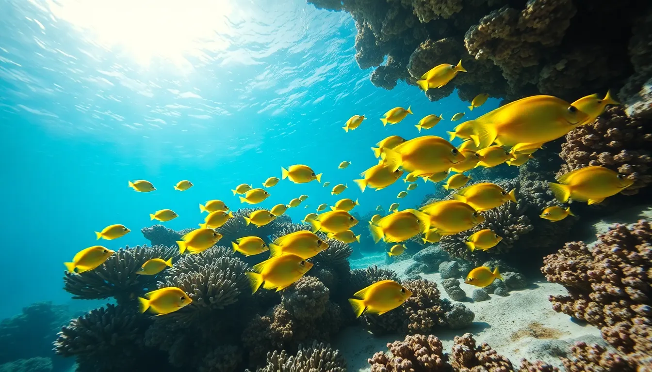 Vibrant Tropical Fish in Coral Reef Dive into a stunning underwater world where a dynamic school of tropical fish swims among vivid corals. Sunlight penetrates the water, casting beautiful shimmering reflections and highlighting the intricate details of the marine life. The rich colors provide a sense of vibrancy and energy, making the scene truly captivating. This image encapsulates the beauty and complexity of underwater ecosystems, inviting viewers to explore the wonders beneath the waves.