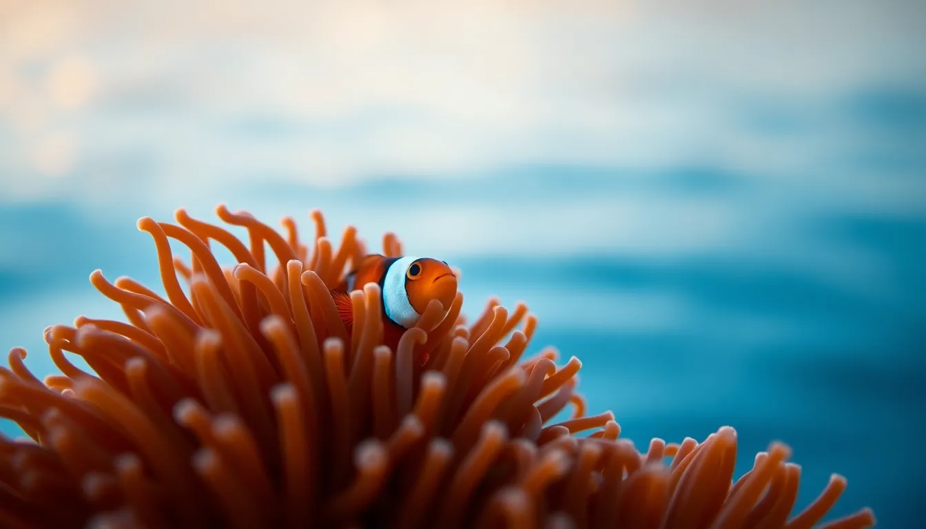 Clownfish Nestled in Anemone This striking macro photograph showcases a vibrant clownfish nestled securely within a colorful anemone. The calm dusk light reflects beautifully off the water, enhancing the vivid colors of both the fish and its home. The composition employs leading lines from the anemone tentacles, creating a sense of depth and focus on the clownfish. The smooth textures and rich colors breathe life into this magnificent underwater scene.