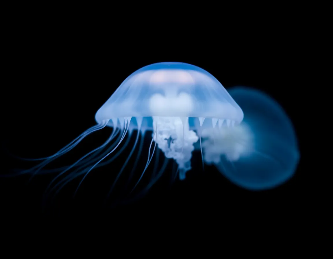This mesmerizing macro photograph captures a jellyfish pulsating in the dark depths of the ocean, showcasing its ethereal beauty. The bioluminescent glow illuminates the jellyfish's delicate form, creating a surreal and almost magical atmosphere. With a centered symmetrical composition, the image draws the viewer's eye directly to the intricate details of the jellyfish's body. The rich, dark background enhances the luminosity of the subject, making this image a stunning representation of marine life.