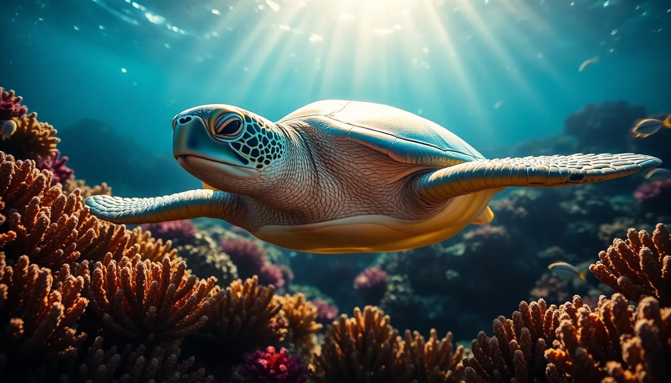 This captivating macro shot reveals an iridescent sea turtle swimming gracefully through a colorful coral reef. Sunlight penetrates the water, illuminating the turtle's shell with stunning greens and blues. The composition’s centered symmetry draws the eye to the turtle's intricate details, while the vibrant coral textures add to the scene's visual appeal. The delicate interplay of light and color creates a serene underwater paradise that is both tranquil and engaging.