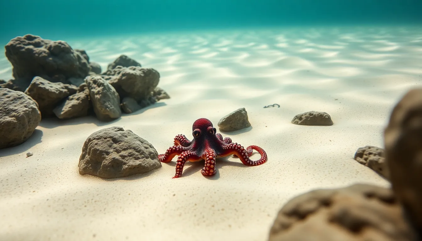 This serene underwater image presents an octopus skillfully camouflaged on a sandy seabed, surrounded by rocks and seaweed. Diffused sunlight streams through the water, gently illuminating the octopus and creating beautiful patterns on the sand. The muted earth tones and soft blues evoke a peaceful ambiance, while the shallow depth of field emphasizes the intricate textures of the octopus. Off-center composition enhances the visual narrative of adaptation and camouflage in the marine environment.