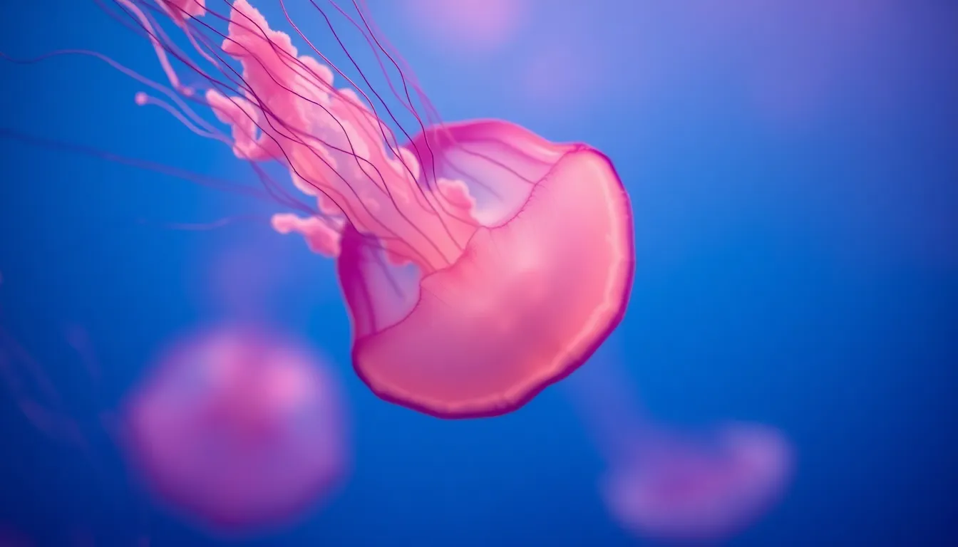 A close-up of a glowing jellyfish floats serenely through the water, its transparent body and flowing tentacles creating a magical spectacle. The pastel blue and purple hues enhance the dreamlike quality of the image, drawing the viewer into the underwater world. Soft ambient light adds an ethereal glow, highlighting the intricate details of the jellyfish. This captivating image showcases the elegance of marine life.