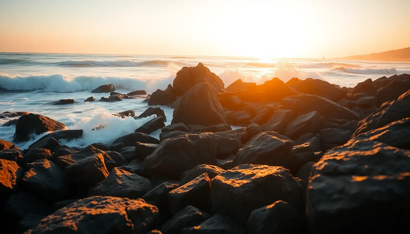 A breathtaking image of a rocky shoreline captured at dawn, with waves crashing dramatically against the jagged outcrops. The early morning light creates a warm glow, accentuating the textures of the rocks and the frothy ocean spray. The shallow depth of field invites focus on the dynamic waves while allowing the background to dissolve into a gentle blur. This scene embodies the raw beauty of coastal marine environments, inviting viewers to experience the serene yet powerful nature of the ocean.