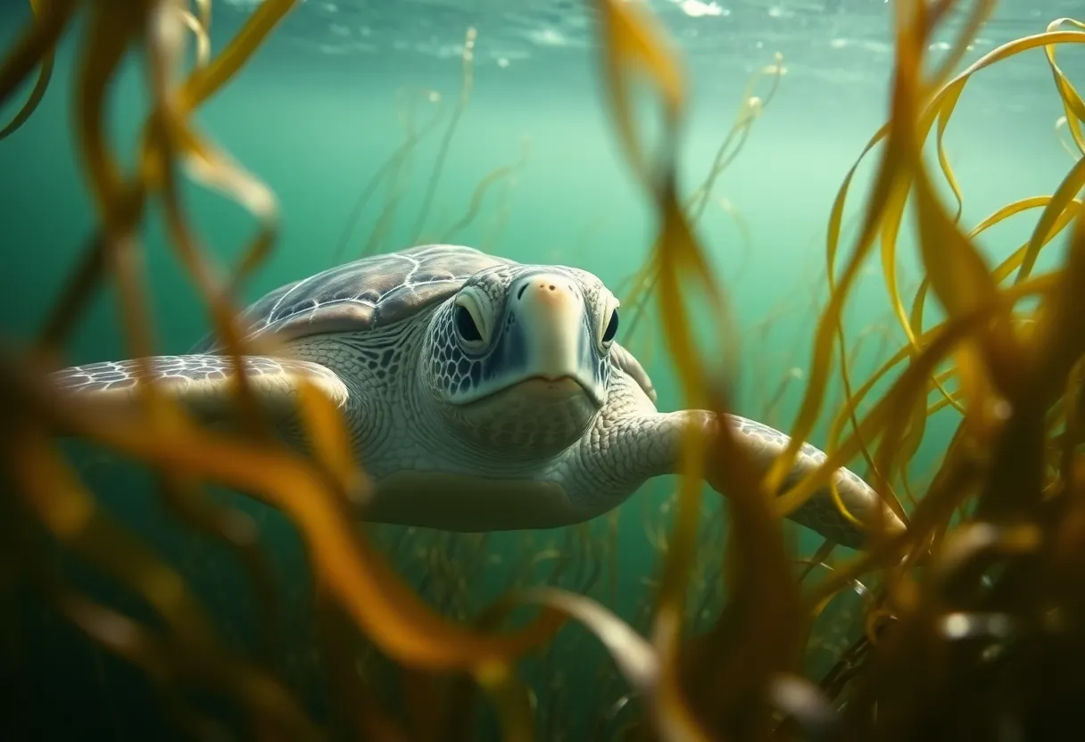 Graceful Sea Turtle Underwater Dive into the peaceful world of a sea turtle swimming effortlessly among vibrant seaweed. The soft light filtering through the ocean creates a tranquil atmosphere, enhancing the details of the turtle's textured shell. This close-up captures the essence of marine life, showcasing the gentle movement of the turtle and the surrounding greenery. The colors harmonize to provide a calming visual experience, celebrating the beauty of underwater ecosystems.