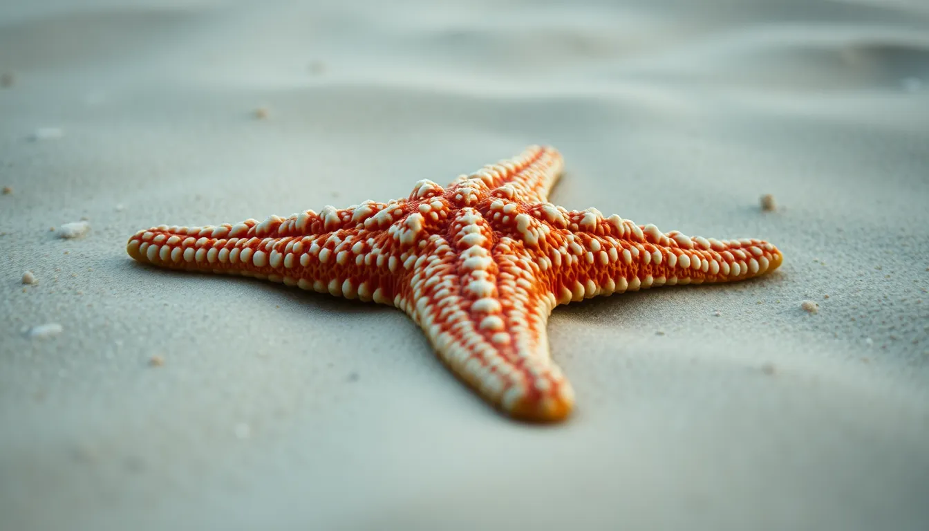 This stunning macro photograph focuses on a beautifully detailed starfish resting on a sandy ocean floor. Soft natural light enhances the intricate textures and vivid colors of the starfish, creating a striking image. The gentle bokeh in the background emphasizes the subject, allowing the viewer to appreciate the beauty of marine life. The composition draws the eye with leading lines from the sand while maintaining an intimate perspective on the starfish, celebrating the delicate details of underwater ecosystems.