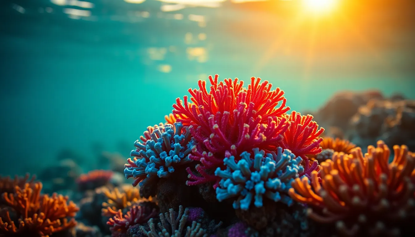 This stunning macro shot captures a vibrant cluster of coral reefs basking in the warm glow of a sunrise. The saturated colors inspired by Fujifilm Velvia bring out the vivid blues and reds of the corals, while the narrow depth of field creates a dreamy atmosphere with a soft bokeh effect. The leading lines of the coral structures draw the viewer's eye through the underwater landscape, showcasing the intricate beauty of marine ecosystems. This image exemplifies the exquisite colors found in ocean life.