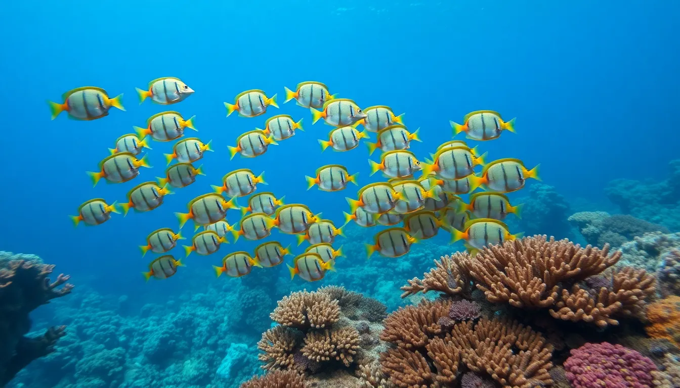 A beautiful underwater scene showcasing a vibrant school of fish swimming playfully through a colorful coral reef. Captured under the soft lighting of an overcast day, the rich textures of the corals and the brilliant colors of the fish are vividly brought to life. The composition artfully places the school within the frame, drawing the viewer's eye into the mesmerizing world of marine biodiversity. This image encapsulates the beauty and serenity of underwater life, inviting appreciation for ocean ecosystems.