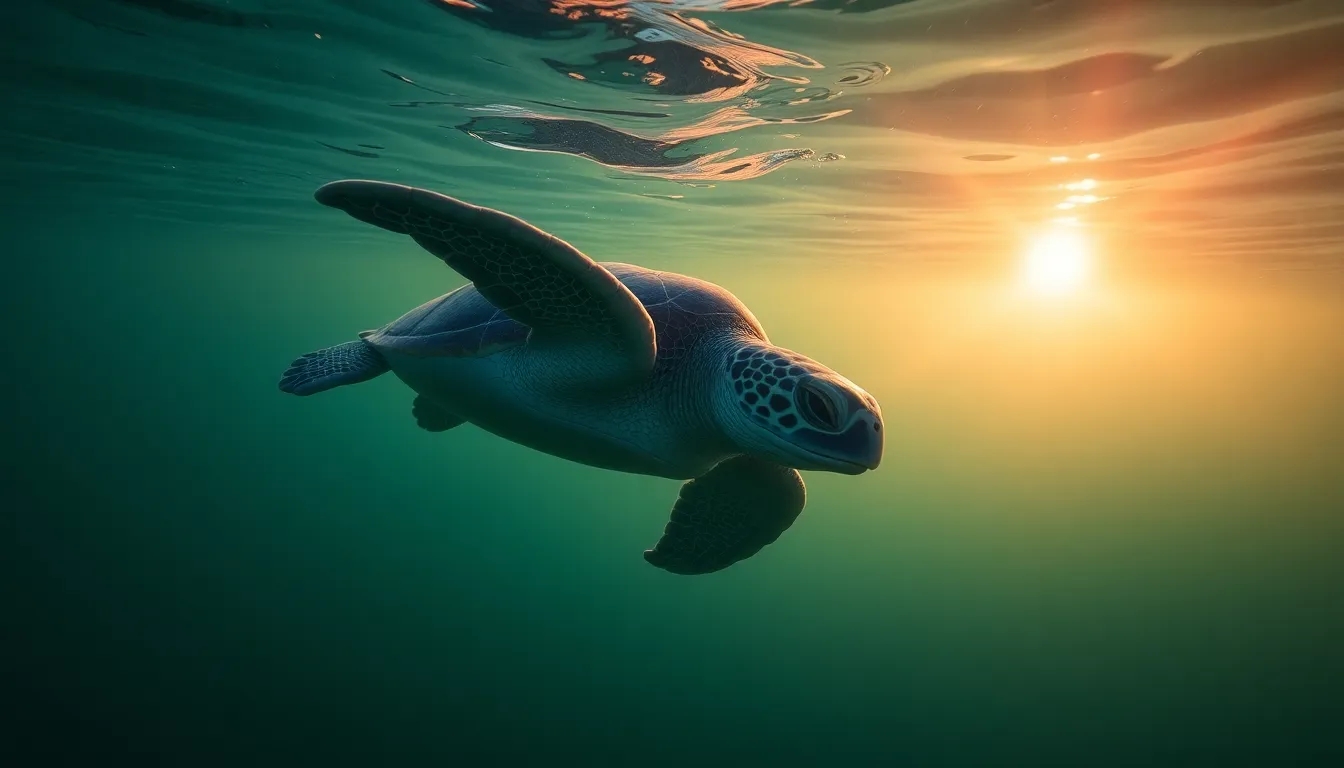 Majestic Sea Turtle Gliding Through Water This breathtaking image showcases a majestic sea turtle gliding effortlessly through crystal-clear waters, highlighted by the dramatic side lighting of a setting sun. The hyperfocal distance provides sharpness from foreground to infinity, capturing the beauty of the turtle's intricate shell texture and the surrounding environment. The symmetrical composition places the turtle in the center, enhancing its graceful form and creating a sense of harmony. Natural muted tones lend an air of tranquility to this serene underwater scene.
