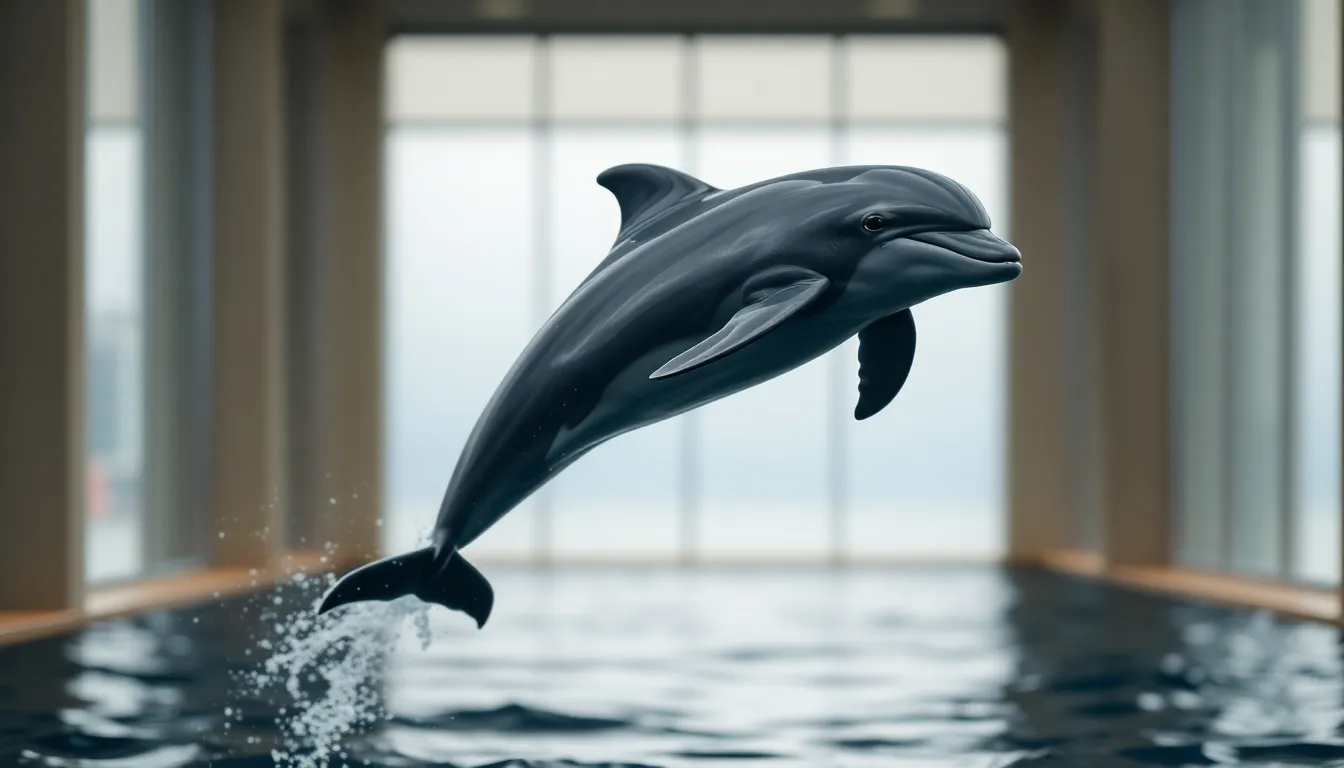 Bottlenose Dolphin Leaping from Ocean Waves A breathtaking image of a bottlenose dolphin captured mid-leap from the ocean, droplets of water sparkling in the soft, diffused light. The photograph uses selective focus to highlight the dolphin’s intelligent eyes while creating a dreamy, painterly effect in the background. The muted color palette enhances the serene mood, with the ocean's earthy tones beautifully framing the dynamic action. This image celebrates the grace and beauty of marine mammals in their natural habitat.