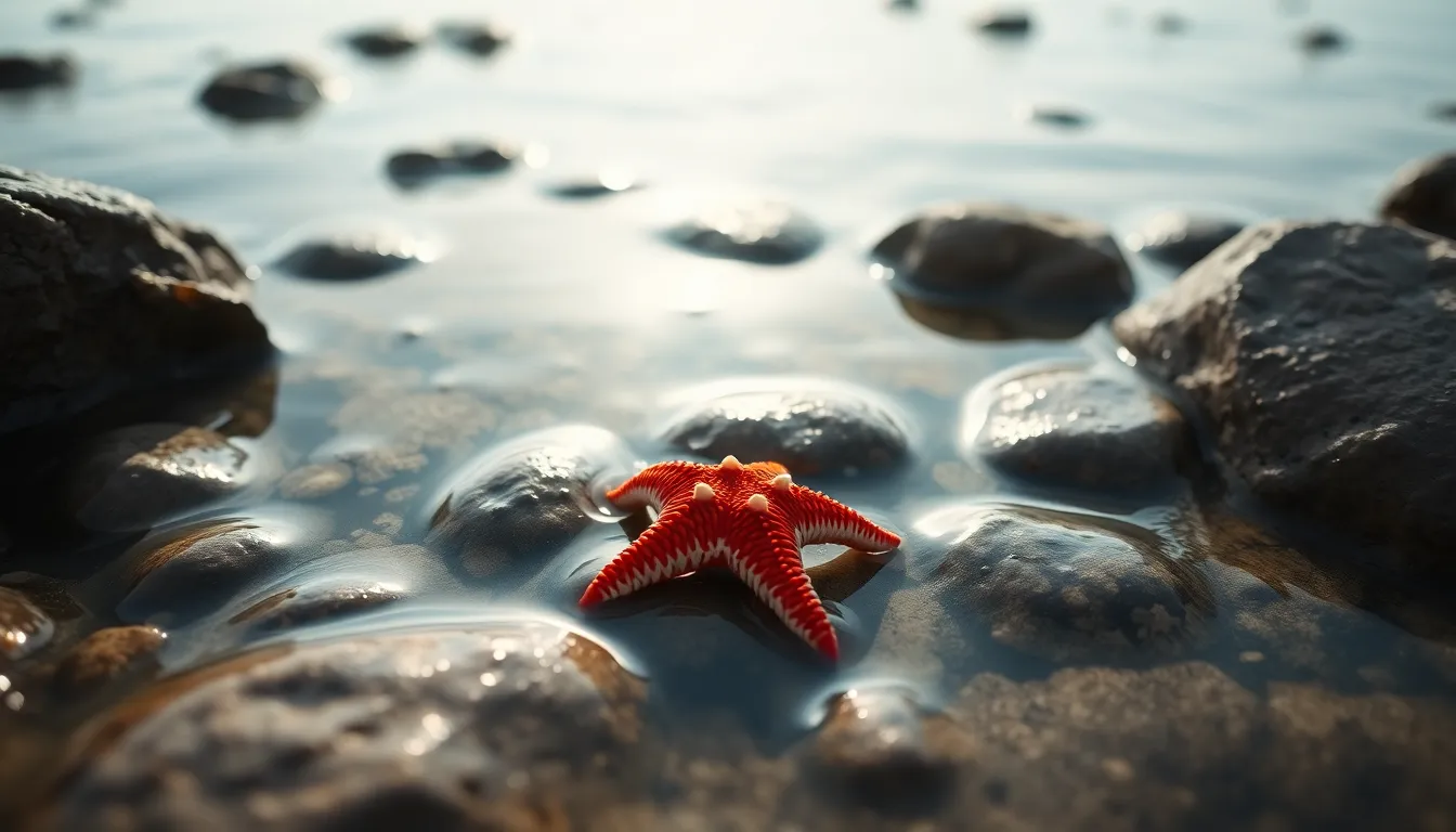 This enchanting image captures a vibrant starfish nestled in a shallow tidal pool, resting on smooth, wet rocks. Soft daylight reflects off the pool, providing a gentle illumination that contrasts beautifully with the starfish's red-orange color. The shallow depth of field emphasizes the starfish while the surrounding environment melts into a soft blur, inviting the viewer to explore the textures of the rocks and water. This serene composition showcases the simple beauty of marine life.