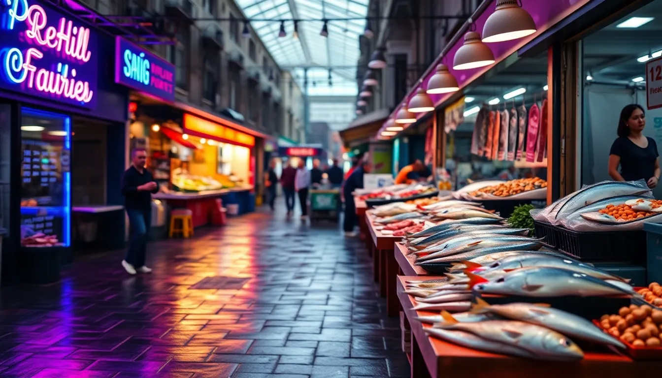 Bustling Fish Market with Fresh Catch A vibrant fish market scene captured with a distinct Dutch angle that adds dynamism to the composition. Fishermen display their fresh catch of colorful fish and shellfish arranged on rustic wooden tables, creating an energetic atmosphere filled with life. Neon signage reflects off the damp pavement, enhancing the visual interest with a play of blue and magenta hues. This image encapsulates the lively essence and cultural significance of marine life in local markets.