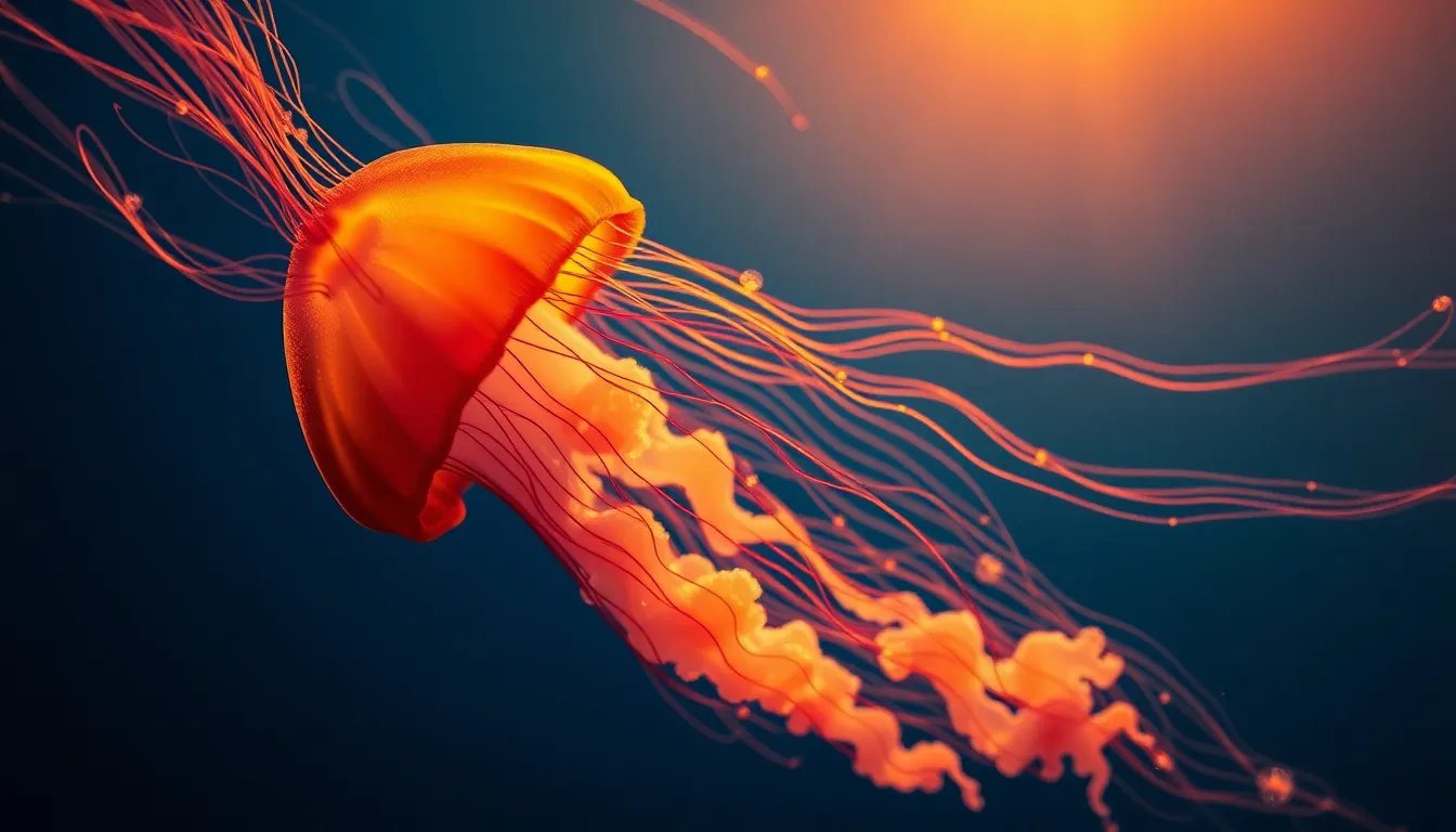 This captivating photograph captures the ethereal beauty of a jellyfish pulsating gracefully through the water, backlit by the warm glow of golden hour light. The vibrant colors and intricate details of its tentacles are striking against the deep blue background, highlighting the delicate nature of marine life. The composition centers on the jellyfish, drawing the viewer into its mesmerizing motion, creating an almost dreamlike atmosphere. This image beautifully exemplifies the magical qualities of underwater ecosystems.