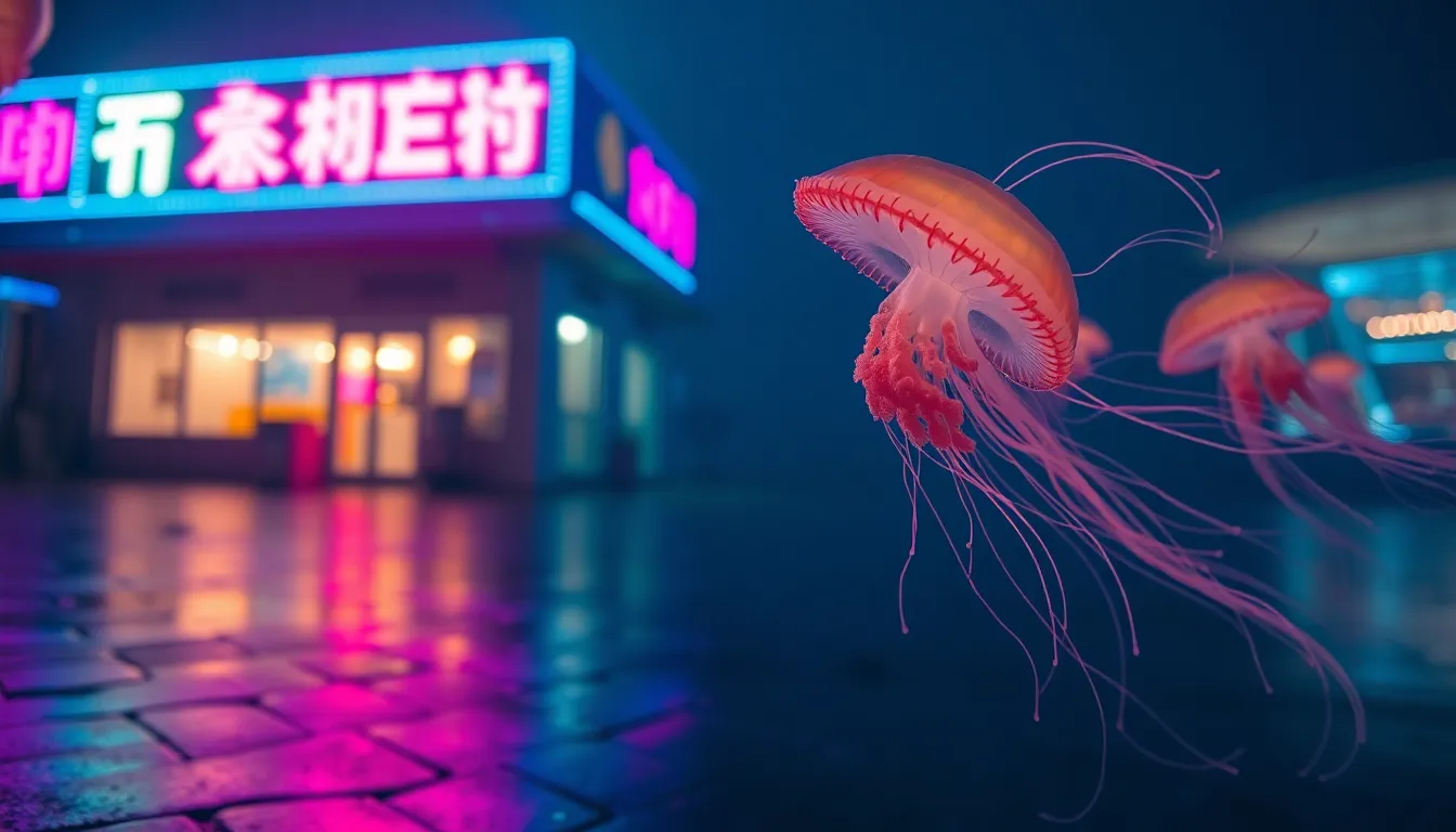 A mesmerizing shot of bioluminescent jellyfish captured during a night dive, their ethereal glow illuminating the dark waters. The neon reflections create a surreal atmosphere, while the selective focus brings the jellyfish's delicate tentacles into sharp relief against a beautifully blurred background. The cinematic color grading enhances the dreamlike quality of the scene, drawing viewers into the tranquility of the ocean depths. This image perfectly embodies the otherworldly beauty of marine life.