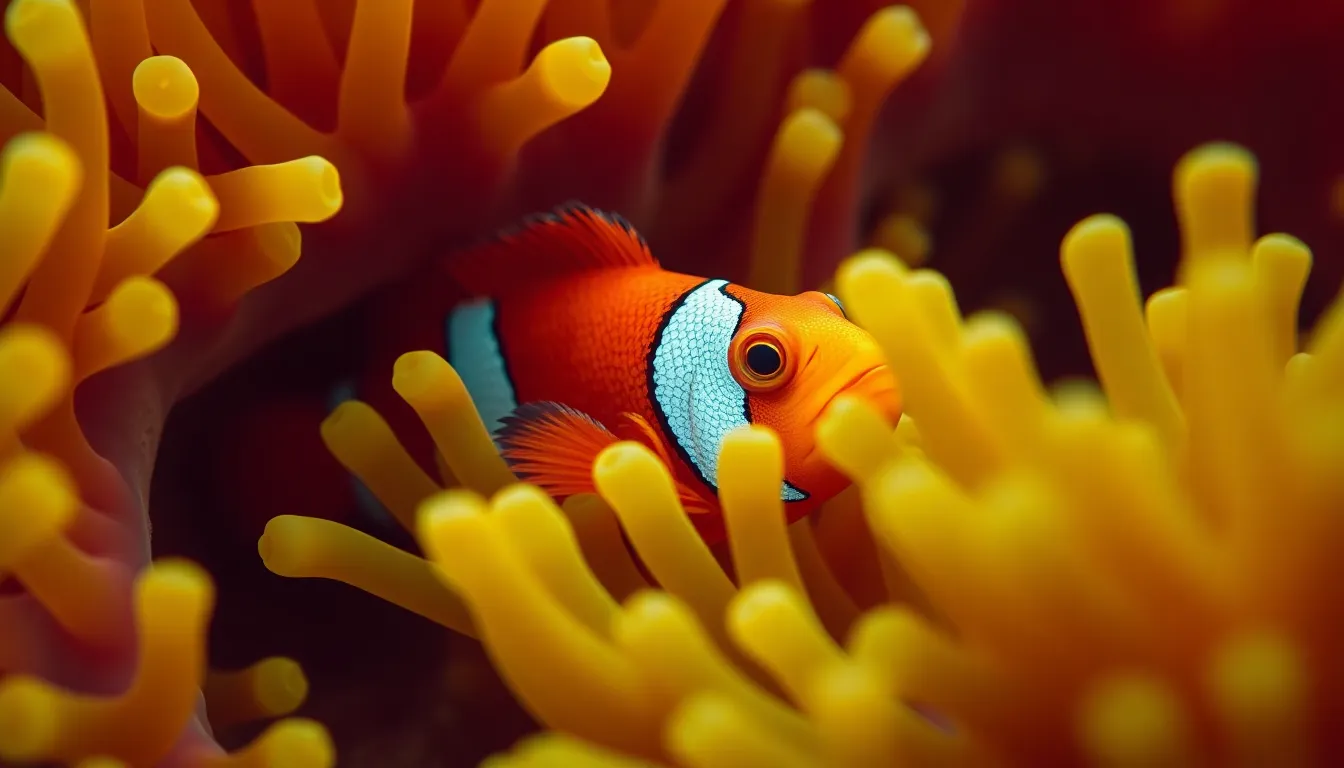 A colorful clownfish is nestled among the gently waving tentacles of a bright green sea anemone. The vibrant colors of the clownfish contrast beautifully with the lush anemone, creating a striking underwater tableau. Warm natural light illuminates the scene, revealing intricate textures of the fish's scales. This image captures the close bond between marine creatures and their habitats.