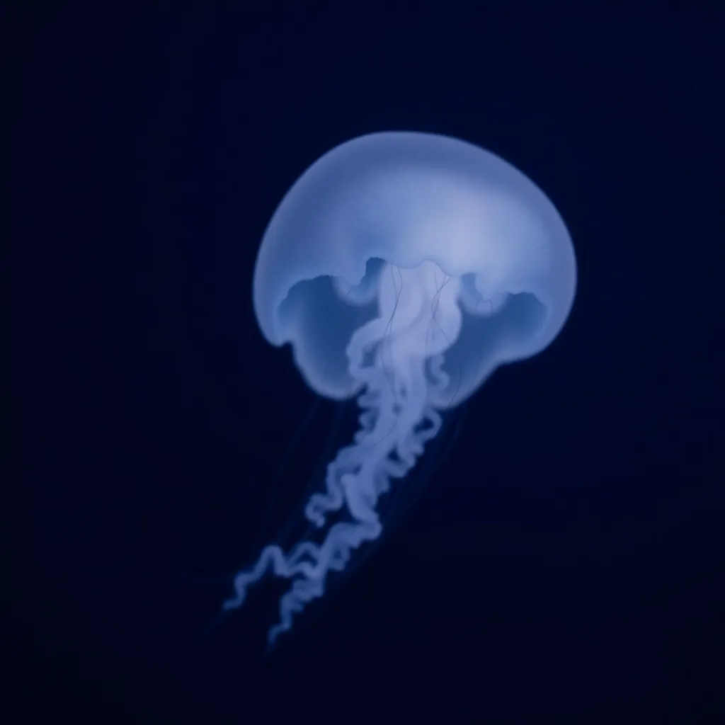 A stunning close-up of a jellyfish illuminated against the dark ocean background. The delicate, glowing tentacles create an enchanting visual contrast, drawing the viewer into its serene and otherworldly environment. The dreamy bokeh accentuates the jellyfish's ethereal qualities, while the rich, muted color palette captures the essence of deep-sea beauty. This image showcases the intricate textures and natural form of marine life in captivating detail.