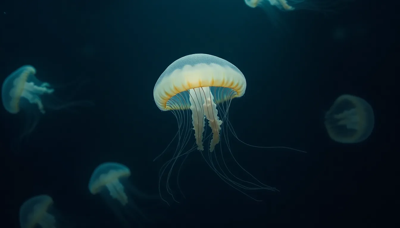 This captivating image showcases a jellyfish floating gracefully through dark ocean waters, illuminated by soft bioluminescent light. The ethereal glow surrounding the jellyfish creates a mystical atmosphere that contrasts with the deep, dark background. The flowing tentacles of the jellyfish enhance the sense of movement in the composition, inviting viewers into the enchanting underwater world. The sharp details capture the delicate beauty and intricate textures of this marine creature.