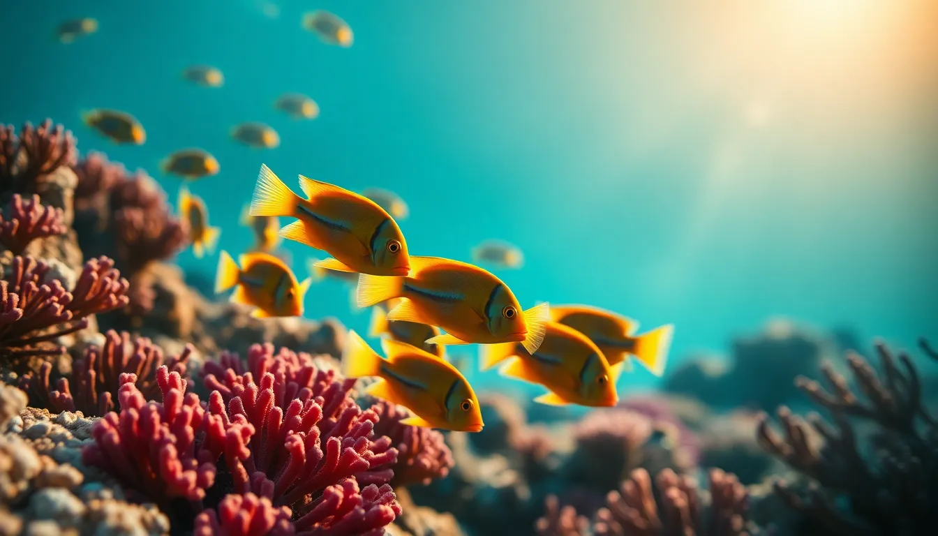 Vibrant School of Fish in Coral Reef A stunning underwater scene depicting a colorful school of fish darting among a vibrant coral reef. The soft morning light filters down, illuminating the intricate textures of both the fish and coral. The composition draws the eye toward the fish while showcasing the beauty of marine life. Vivid colors enhance the overall enchanting mood of this underwater paradise.