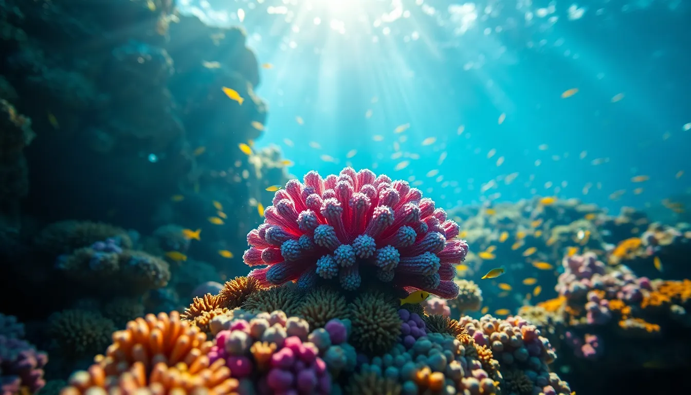 This striking image presents a close-up view of a vibrant coral reef bustling with marine life. Sunlight filters through the water, creating dappled light that dances over the colorful corals, enhancing their rich hues. Soft, painterly bokeh in the background provides a beautiful contrast to the sharp details of the corals and the small fish darting through the scene. The composition draws the eye toward the coral cluster, showcasing the intricate textures and colors of this dynamic underwater ecosystem.