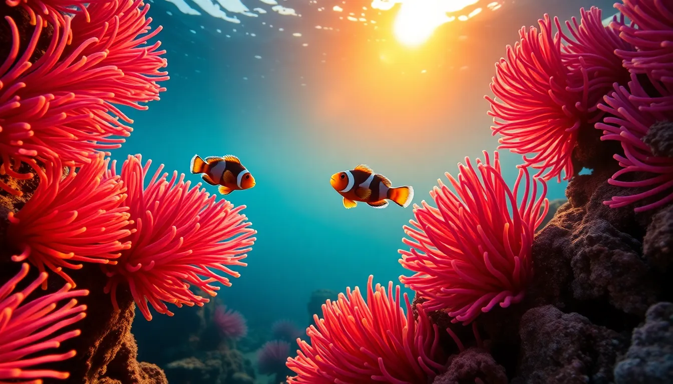 This captivating underwater image features clownfish swimming among vibrant sea anemones in a coral reef, illuminated by the warm glow of the setting sun. The natural light creates a magical atmosphere, enhancing the colors and textures of the scene. Leading lines formed by the anemones guide the viewer's gaze toward the playful fish, showcasing the harmony of marine life. This image beautifully captures the relationship between species and the colorful diversity of underwater ecosystems.