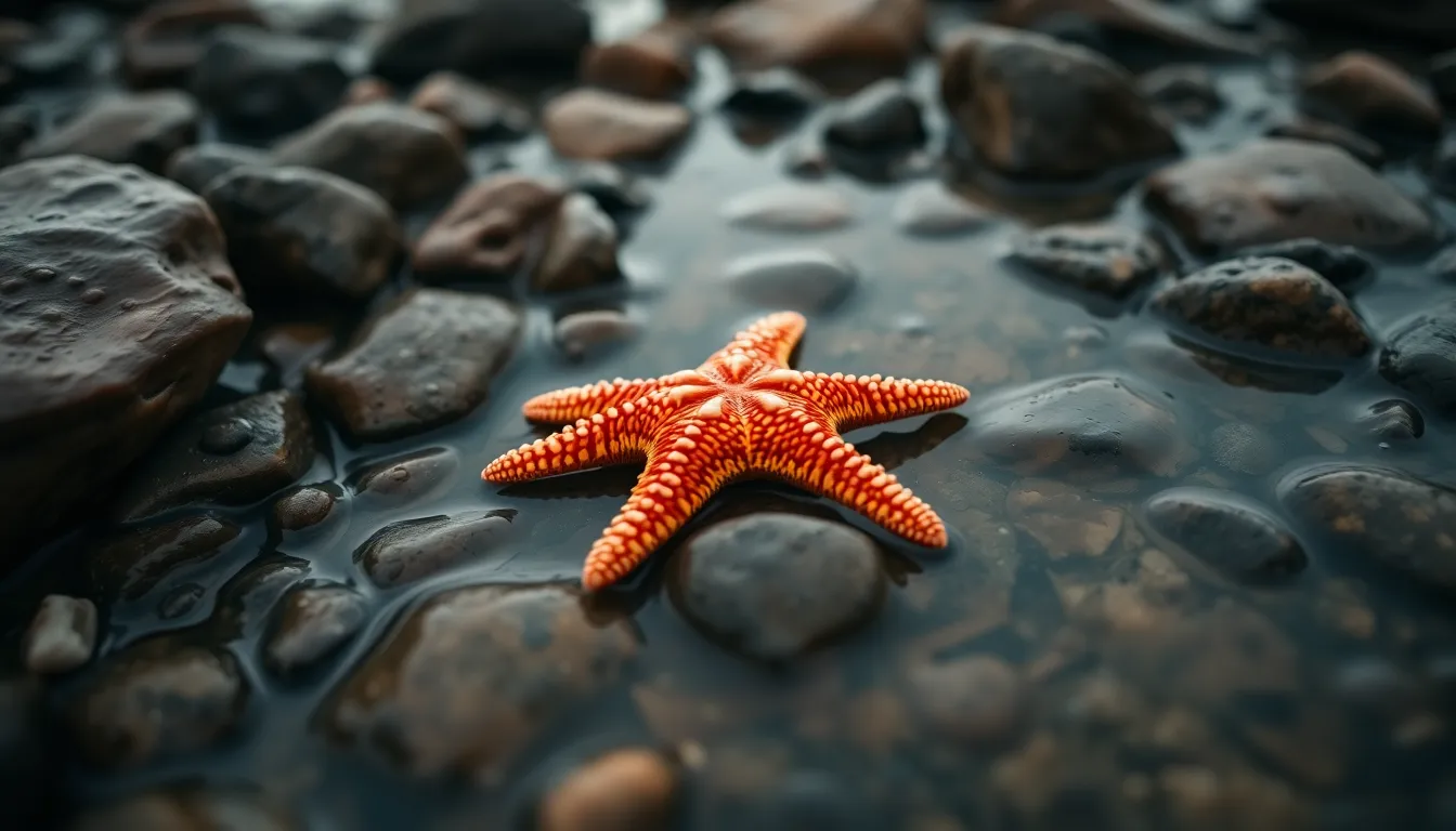 Close-Up of Starfish in Tide Pool This captivating close-up image captures a vibrant starfish resting in a rocky tide pool on an overcast day. The soft natural light enhances the textures of the starfish while illuminating the wet rocks with gentle glimmers. The composition centers on the starfish, surrounded by leading lines created by the rocky environment. Muted colors and shallow depth of field create a serene mood, providing a glimpse into marine life.