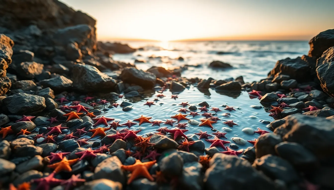 This stunning coastal landscape captures the beauty of a tidal pool during low tide, rich with marine life. The warm golden hour light bathes the rocks and water in a serene glow, highlighting the intricate details of colorful starfish and sea urchins. The image invites viewers to immerse themselves in the tranquil environment, while leading lines naturally draw the eye towards the vibrant pool. A perfect blend of nature's artistry and the peacefulness of the coast.