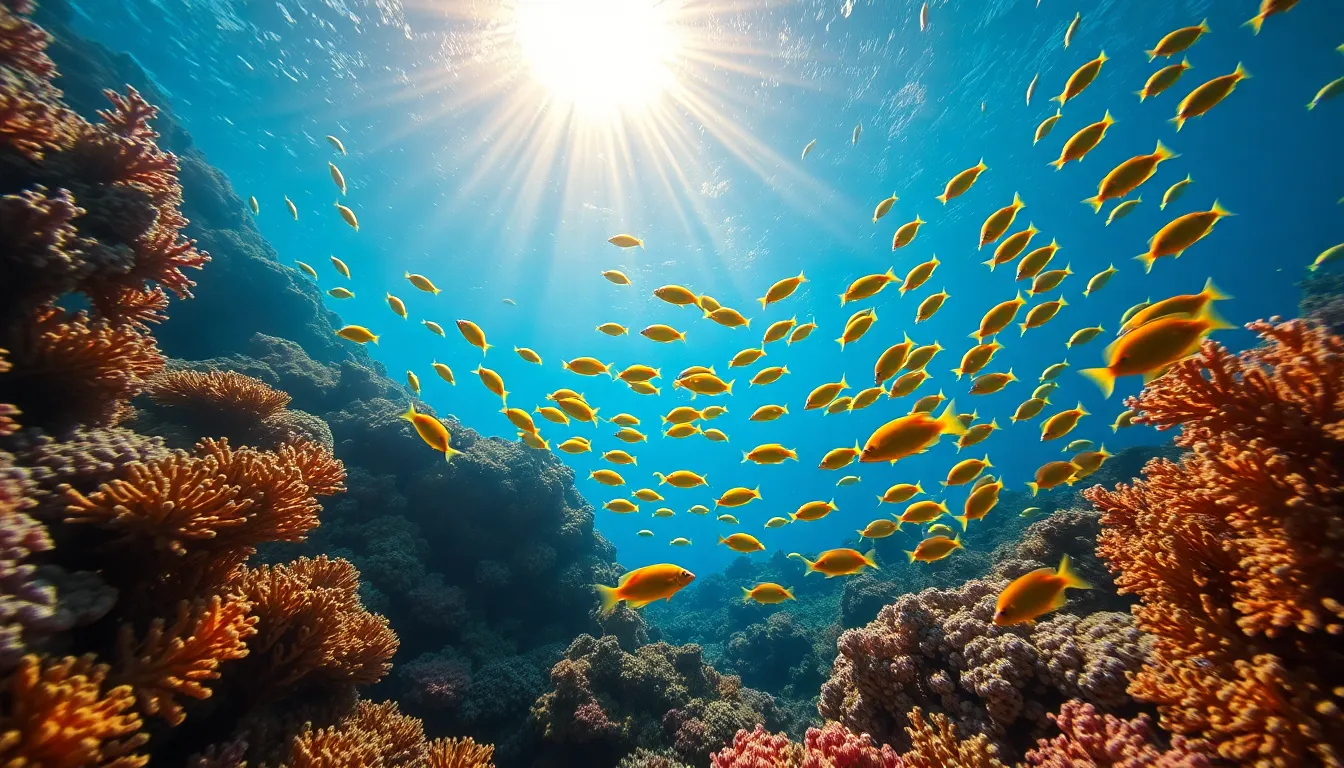 This breathtaking underwater scene depicts a vibrant coral reef teeming with colorful tropical fish. Sunlight filters down, illuminating the intricate structures of the coral and creating a kaleidoscope of colors. The use of shallow depth of field adds a dreamy quality, emphasizing the lively fish while softening the background. The rich, saturated hues inspire feelings of warmth and serenity, making it an ideal representation of marine life.