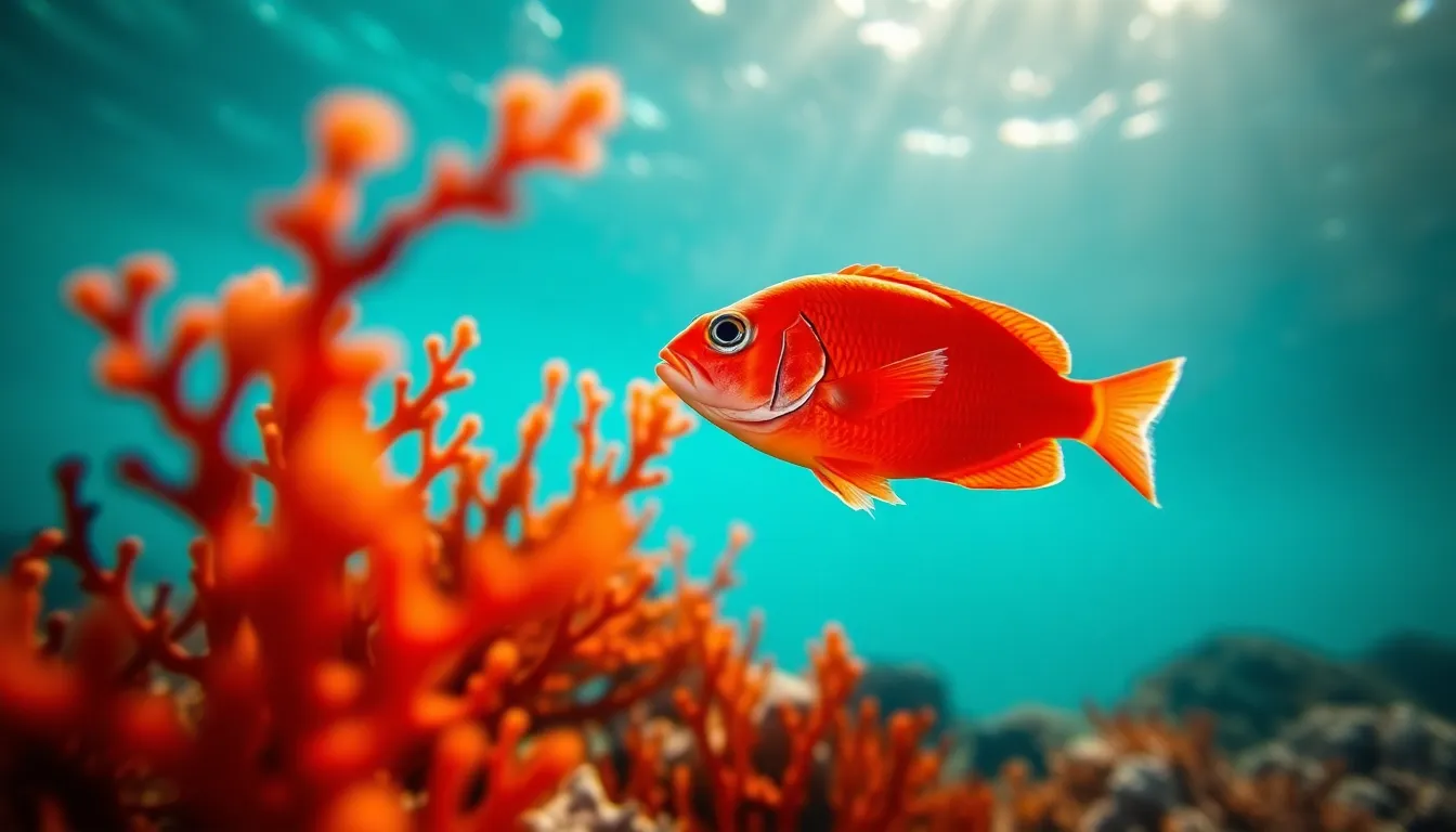 A striking image of a clownfish peeking out from a bright, colorful coral reef. The sunlight penetrates the water, creating shimmering patterns and highlighting the textures of both the coral and the fish. Vivid colors pop through the crystal-clear environment, resulting in a breathtaking underwater scene. The well-defined focus on the clownfish contrasts beautifully with the soft, blurred corals in the background, enhancing the depth of field and sense of immersion.