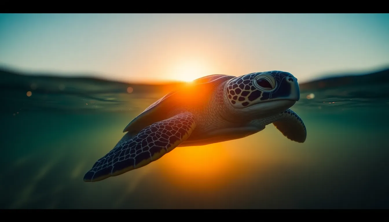 Loggerhead Turtle Gliding Through Clear Waters A stunning loggerhead turtle glides elegantly through the clear waters, illuminated by the golden hour light. The scene captures the intricate textures of the turtle's shell and the vibrant colors of the underwater world, creating a serene and magical atmosphere. The composition adheres to the rule of thirds, emphasizing the graceful motion of the turtle against a blurred, colorful reef background. This image embodies tranquility and the beauty of marine life.