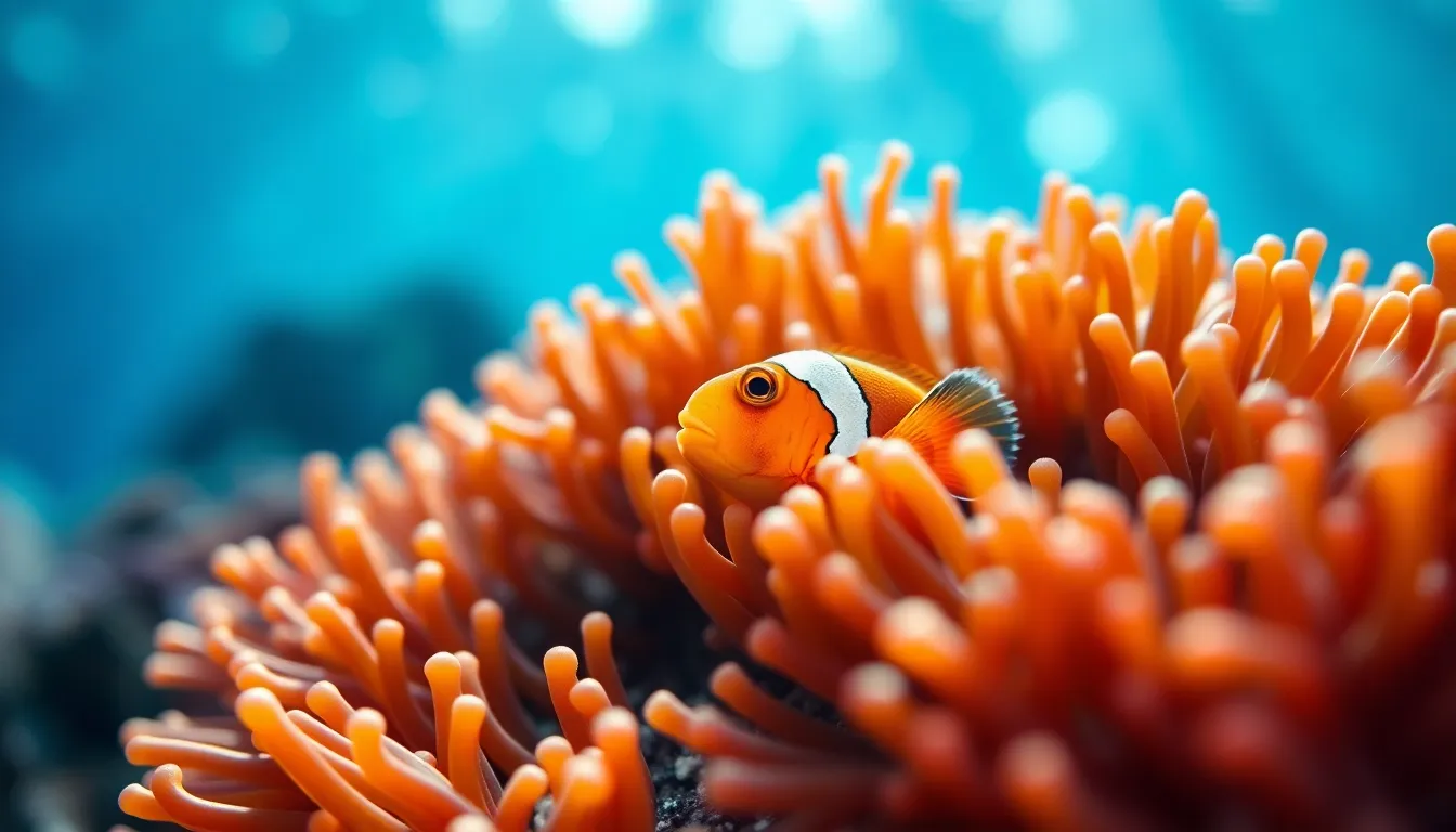 This stunning underwater image captures a clownfish nestled among colorful anemones, surrounded by softly filtered sunlight. The vibrant colors of the fish and the anemone create a captivating contrast against the deep blue water. The shallow depth of field draws attention to the lively textures of the scene, while the composition highlights the beauty of marine life in a natural habitat. A perfect representation of the tranquil yet dynamic underwater ecosystem.