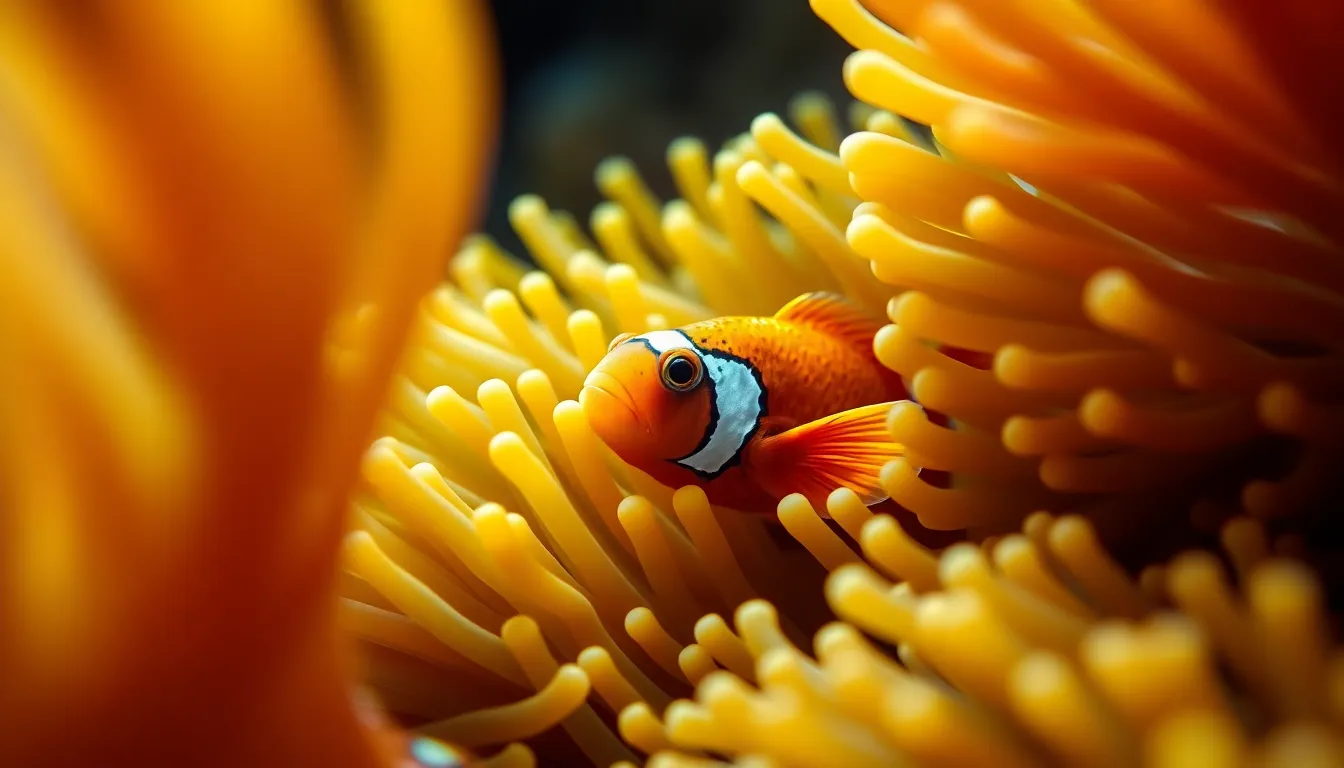 Vibrant Clownfish in Colorful Anemone Explore the vibrant underwater world through the eyes of a clownfish nestled comfortably among bright green anemones. The natural light beautifully illuminates the fish, enhancing its vivid orange color and intricate patterns. With a soft focus background, the lively colors create a dynamic and enchanting scene. This image encapsulates the harmony of marine life, showcasing the unique relationship between the clownfish and its anemone habitat.