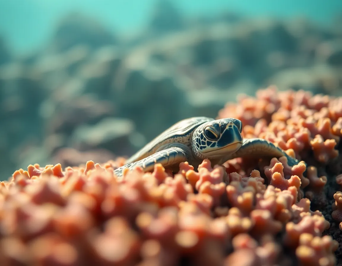 This enchanting macro image captures a serene moment of a sea turtle resting on a colorful coral reef. Soft daylight filters through the water, creating a tranquil atmosphere that highlights the turtle's intricate patterns and textures. The shallow depth of field draws focus to the turtle while beautifully blurring the vibrant coral in the background. The composition evokes a sense of calm, showcasing the delicate balance of marine life in a stunning underwater setting.
