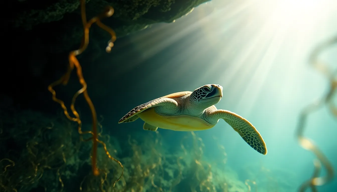 Graceful Sea Turtle in Underwater Cave This enchanting photograph features a graceful sea turtle swimming elegantly through an underwater cave. Soft light filters down, illuminating the serene environment filled with delicate seaweed. The composition draws attention to the turtle's smooth movements against the textured backdrop of the cave. The muted color palette creates a tranquil atmosphere, perfect for highlighting the beauty of marine life.