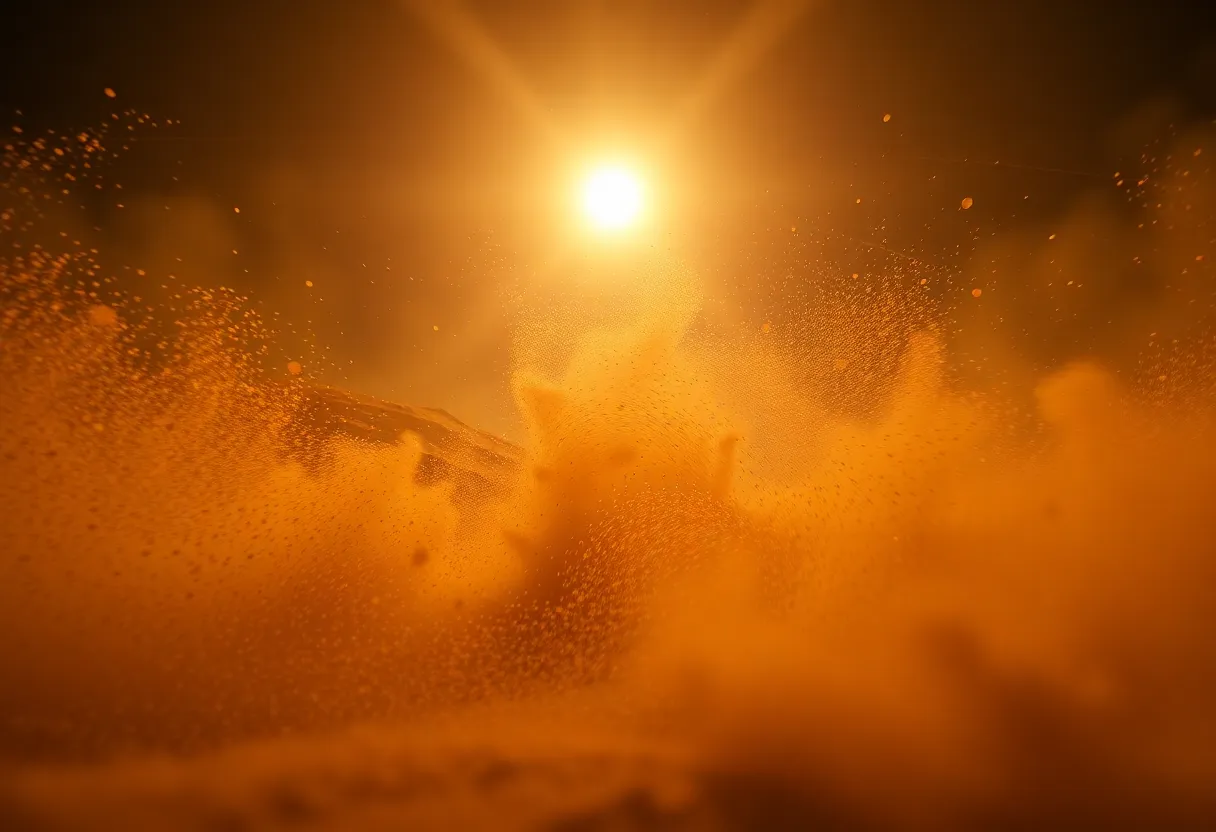 This striking close-up captures the drama of a Martian dust storm, with swirling particles illuminated by a low-hanging sun. The image's earthy brown and orange hues create a vivid atmosphere, while the shallow depth of field emphasizes sharp foreground details against a soft background. The dynamic composition, enhanced by a tilted angle, conveys the powerful energy of the storm. This image is perfect for showcasing the raw beauty and harsh conditions of Mars.