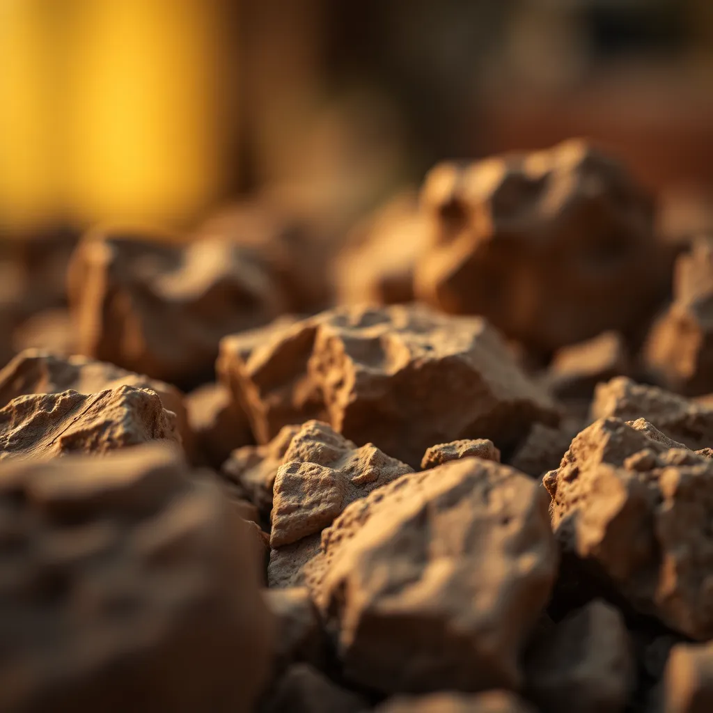 This striking close-up image captures the intricate textures of Martian rock samples, illuminated by warm tungsten light that imbues the scene with a cozy atmosphere. The shallow depth of field beautifully isolates the rough surfaces of the rocks, bringing their unique geological features into sharp focus. The earthy color palette enhances the rugged quality and realism of the sample. The foreground framing invites viewers to engage with the tactile experience of these alien materials, providing a compelling glimpse into Martian geology.