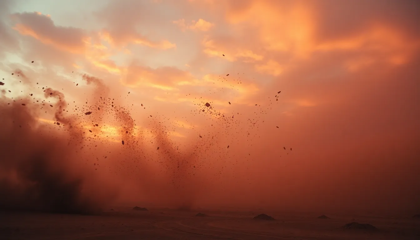 This captivating image depicts a powerful dust storm sweeping across the Martian landscape at twilight. The swirling patterns of dust are beautifully highlighted by soft, diffused light, creating an ethereal atmosphere. Rich oranges and earthy browns enhance the drama of the scene, while the wide depth of field captures even the smallest details of the dust particles. The composition's leading lines draw the viewer into the chaos, emphasizing the awe-inspiring nature of Martian weather phenomena.