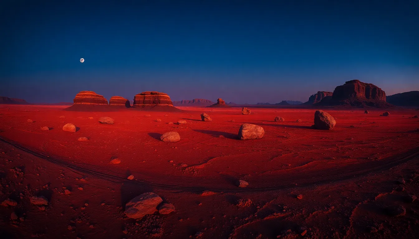 This breathtaking image captures a panoramic view of the Martian landscape at twilight. The rusty red soil and scattered boulders contrast with the deep indigo sky, highlighted by a crescent moon. The leading lines of the terrain draw the eye toward the horizon, while the foreground details showcase the rugged textures of the rocky surface. The rich color palette and soft bokeh create an otherworldly atmosphere, perfect for those fascinated by space exploration.